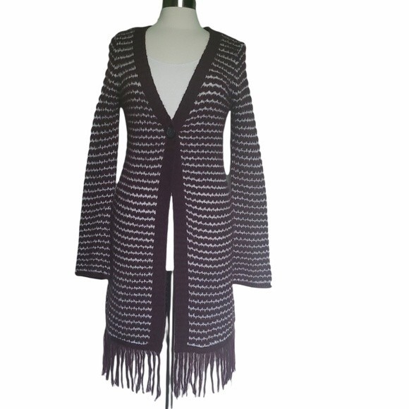 DECREE Maroon Stripe Duster Fringe Sweater - L - Picture 1 of 12